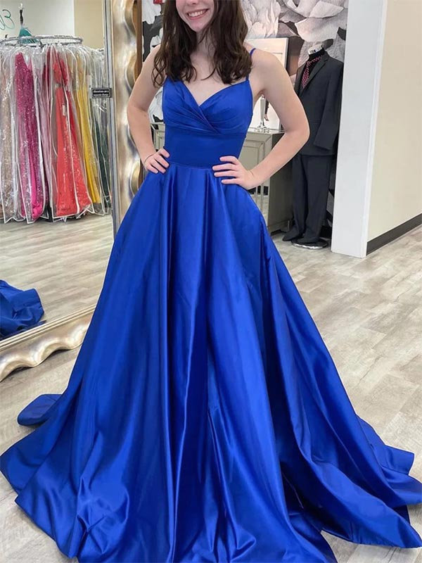 Royal Blue Spaghetti Straps A-line V-neck Satin Long Prom Dress Evening Dress, OL611