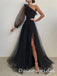 Elegant Black One Shoulder Long Sleeve A-line Long Prom Dresses Evening Dress with Side Slit, OL879