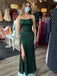 Spaghetti Straps Sequins Emerald Green Mermaid Prom Dress Evening Dress with Side Slit, OL615