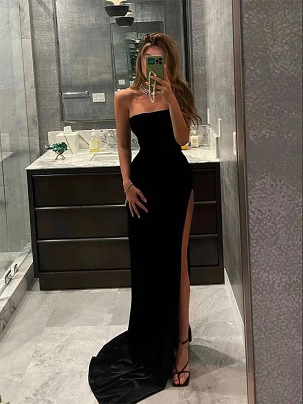 Strapless Black Prom Dress Evening Dress with High Side Slit, OL616