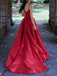 Spaghetti Straps V-neck A-line Red Satin Prom Dress Evening Dress, OL617