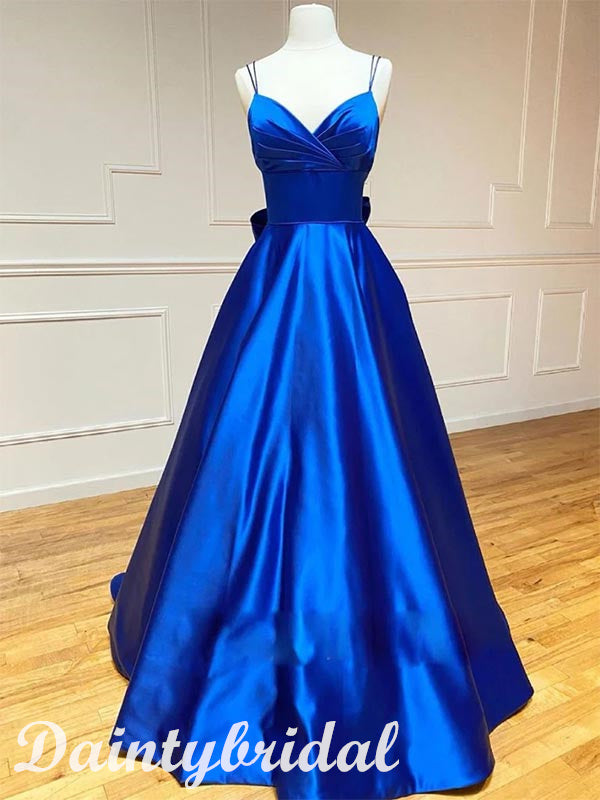 Elegant Royal Blue Spaghetti Straps Sleeveless V-neck A-line Satin Prom Dresses Evening Dress with Bowknot, OL905