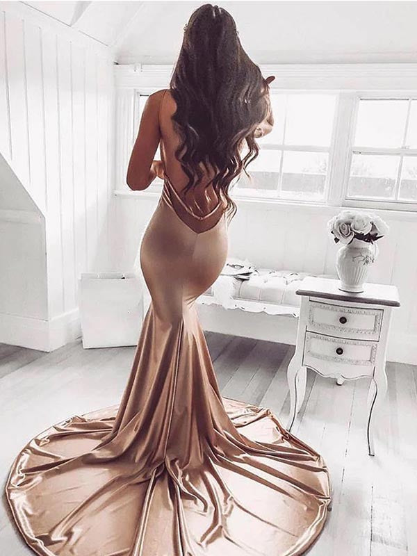 Champagne Mermaid Spaghetti Straps Deep V-neck Backless Long Prom Dress Evening Dress, OL624
