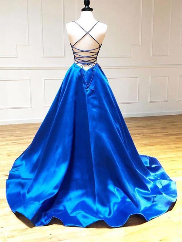Spaghetti Straps V-neck A-line Royal Blue Prom Dress, OL634