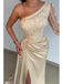 Gold One Shoulder Long Sleeve Evening Prom Dresses with Side Slit, OL659
