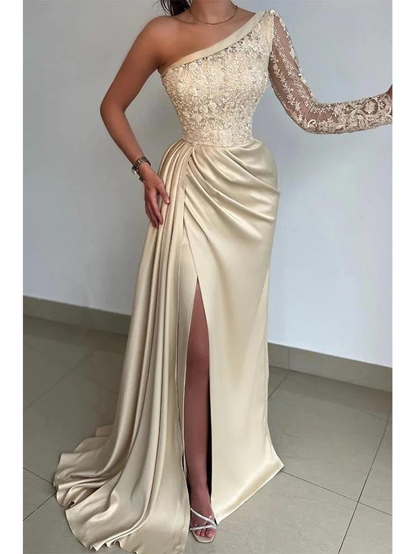 Gold One Shoulder Long Sleeve Evening Prom Dresses with Side Slit, OL6 DaintyBridal Gold One Shoulder Long Sleeve Evening Prom Dresses with Side Slit, OL6 DaintyBridal