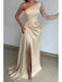 Gold One Shoulder Long Sleeve Evening Prom Dresses with Side Slit, OL659