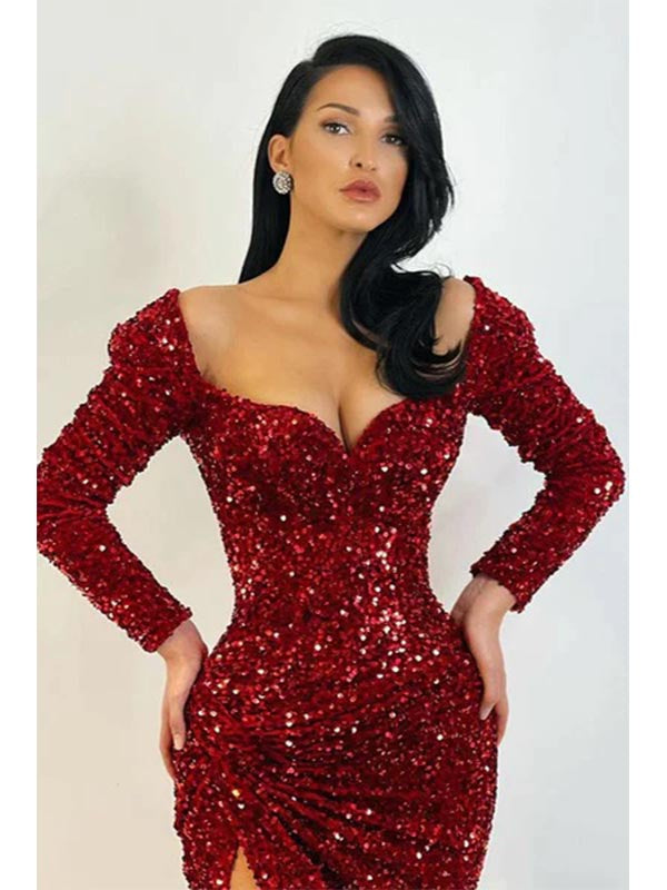 Sparkly Mermaid Red Long Sleeves Side Slit Prom Dress, OL664