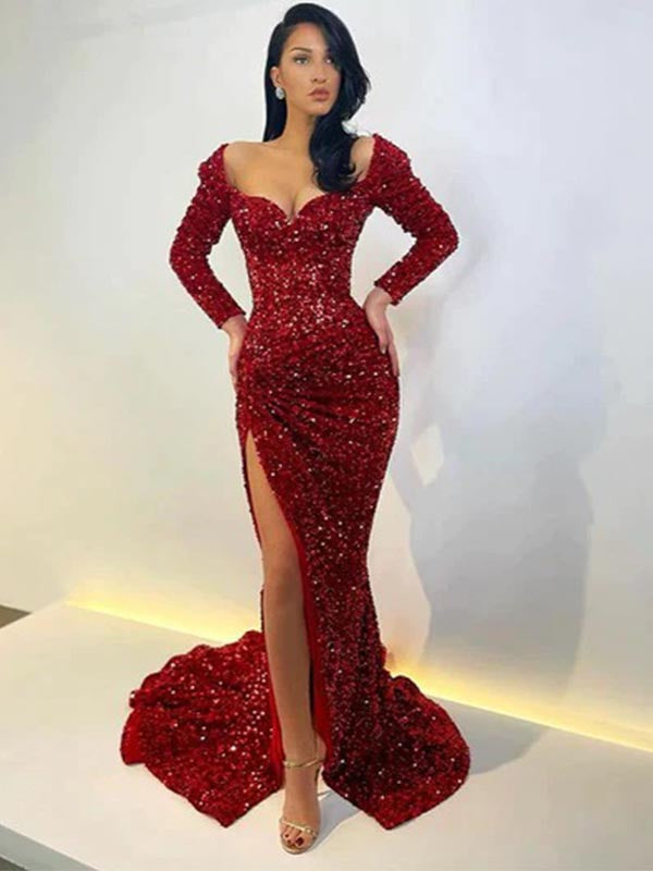 strapless open back dress Sparkly Mermaid Red Long Sleeves Side Slit Prom Dress, OL664 DaintyBridal strapless open back dress Sparkly Mermaid Red Long Sleeves Side Slit Prom Dress, OL664 DaintyBridal