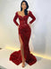 Sparkly Mermaid Red Long Sleeves Side Slit Prom Dress, OL664