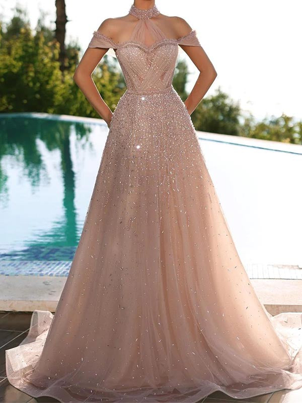 Sparkly Halter Off Shoulder Illusion Tulle Long Prom Dress, OL666 DaintyBridal Sparkly Halter Off Shoulder Illusion Tulle Long Prom Dress, OL666 DaintyBridal
