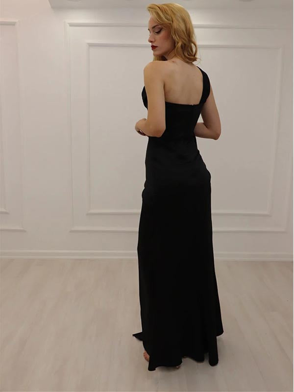 Black V-neck A-line Beaded Side Slit Long Prom Dress, OL667