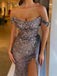 Sparkly Off Shoulder Tulle Side Slit Long Prom Dress, OL668