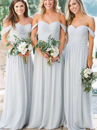 Elegant Pale Blue Off the Shoulder Chiffon Long Bridesmaid Dress, BG207