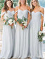 Simple Off the Shoulder Chiffon Sleeveless A-line Chiffon Light Blue Long Bridesmaid Dress, BG274