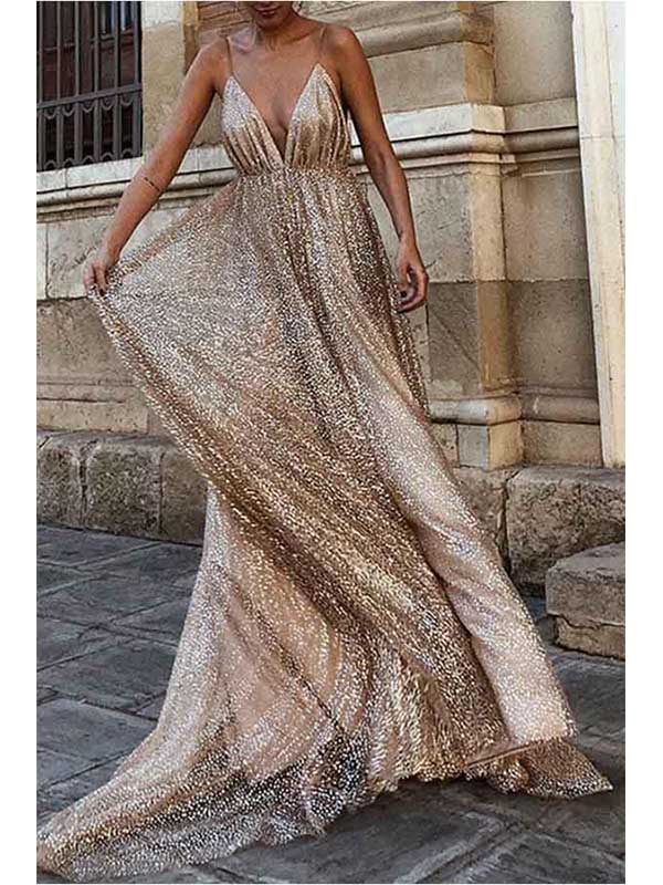 Sparkly Champagne Deep V-neck Tulle Long Prom Dress, OL683