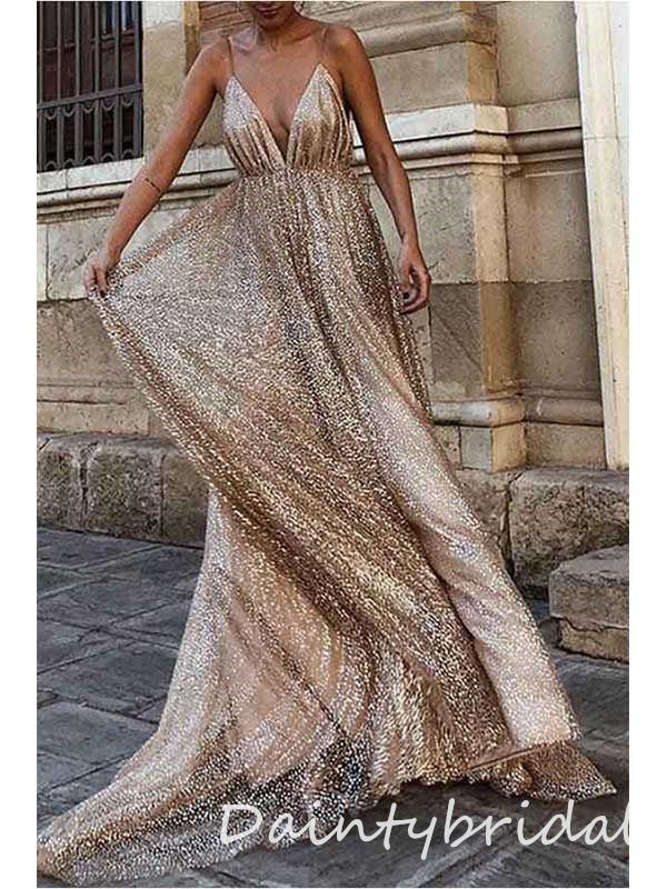 Sparkly Champagne Spaghetti Straps V-neck Backless A-line Long Prom Dresses Evening Dress, OL886