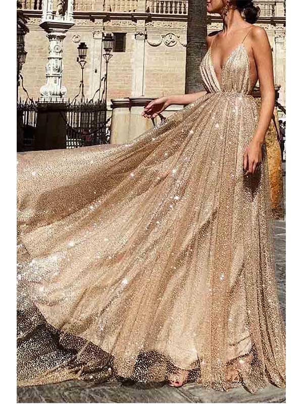 Sparkly Champagne Deep V-neck Tulle Long Prom Dress, OL683 DaintyBridal Sparkly Champagne Deep V-neck Tulle Long Prom Dress, OL683 DaintyBridal