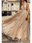 Sparkly Champagne Deep V-neck Tulle Long Prom Dress, OL683