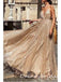 Sparkly Champagne Spaghetti Straps V-neck Backless A-line Long Prom Dresses Evening Dress, OL886