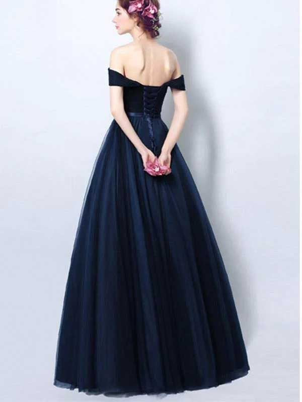 Off the Shoulder Dark Blue Tulle Prom Dress, OL685