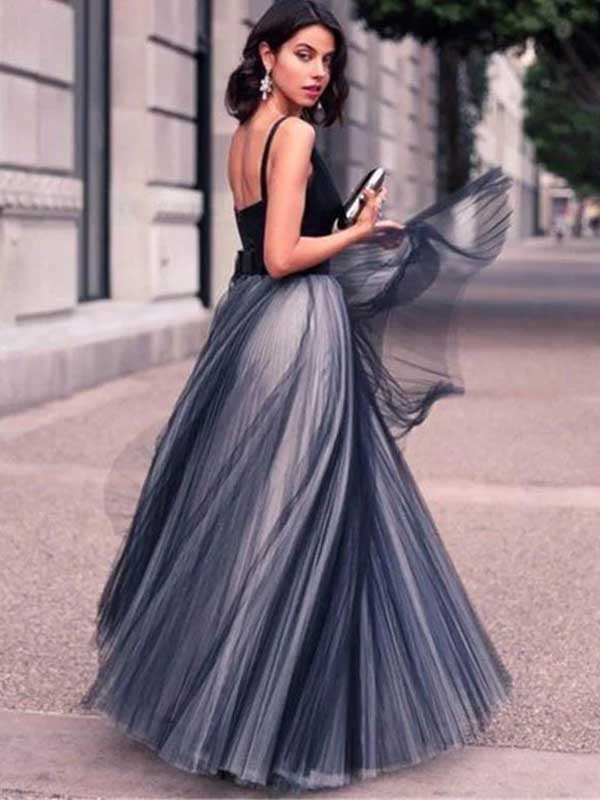 Black V-neck Tulle A-line Sleeveless Prom Dress, OL687