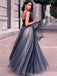 Black V-neck Tulle A-line Sleeveless Prom Dress, OL687
