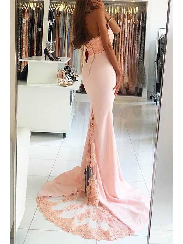 Mermaid High Neck Sweep Trailig Pink Satin with Beading Lace Prom Dress, OL688