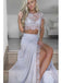 Two Piece Round Neck Light Gray Chiffon Prom Dress With Lace Split, OL689