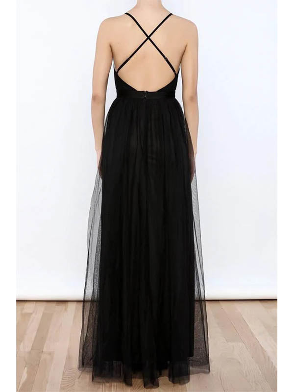 Sexy Black V-neck Side Slit Tulle Evening Gowns Prom Dresses, OL691