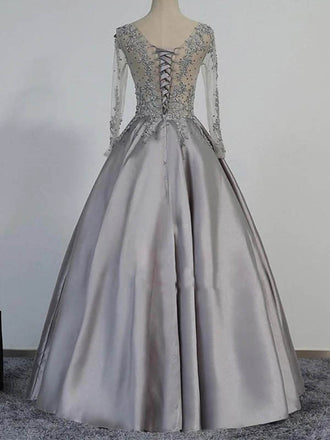 Vintage V-neck Long Sleeves Appliques Beading Long Evening Dress, OL692