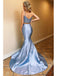 Two Pieces Blue Lace Mermaid Prom Dresses Satin Evening Dresses, OL696