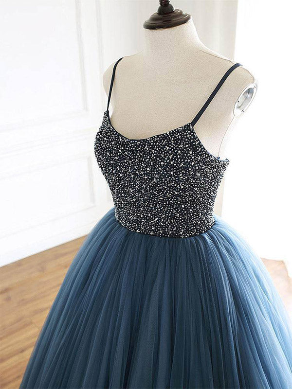 Ball Gown Deep Blue Tulle Prom Dress Evening Dress With Beading, OL698