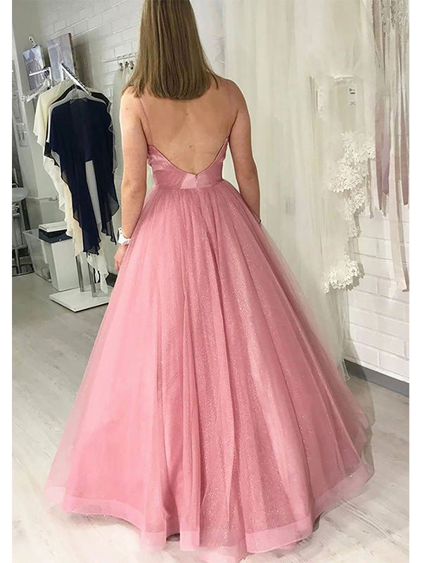 Pink V-neck A-line Spaghetti Straps Tulle Long Prom Dress Evening Dress, OL708