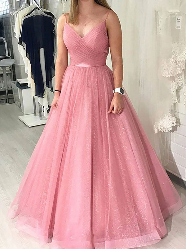 Pink V-neck A-line Spaghetti Straps Tulle Long Prom Dress Evening Dress, OL708