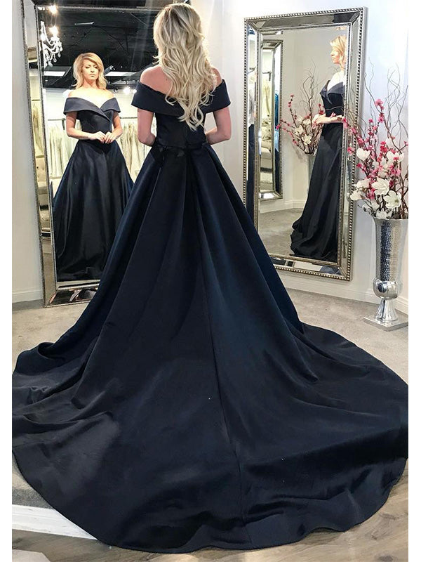 Elegant Off the Shoulder A-line Satin Floor Length Prom Dress Evening Dress, OL728