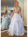 Two Pieces Short Sleeves A-line Tulle Long Prom Dress Evening Dress, OL730