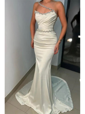 White Sleeveless Mermaid Satin Beading Long Prom Dress Evening Dress, OL714