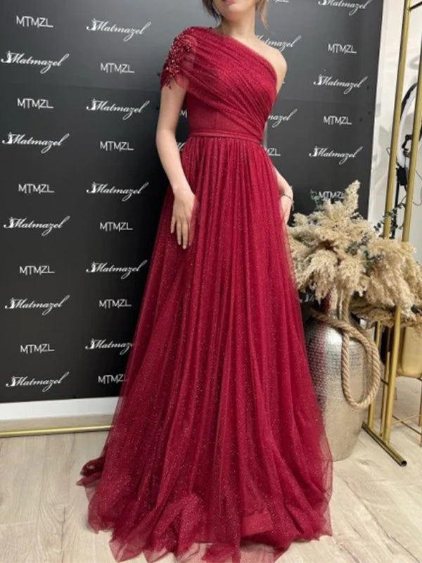Dark Red A-line One Shoulder Tulle Long Prom Dress Evening Dress with DaintyBridal Dark Red A-line One Shoulder Tulle Long Prom Dress Evening Dress with DaintyBridal