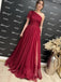 Dark Red A-line One Shoulder Tulle Long Prom Dress Evening Dress with Side Slit, OL716