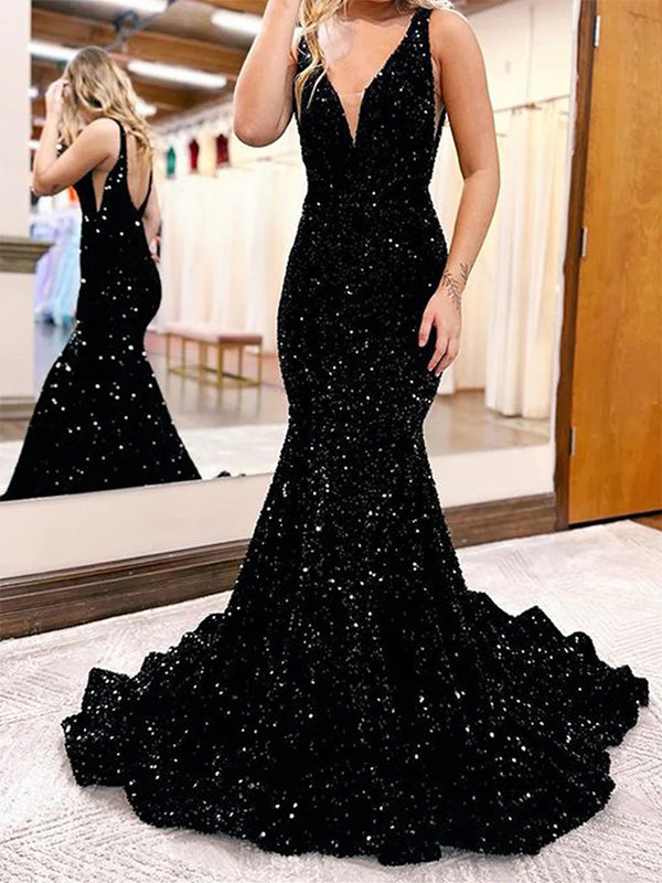 Sparkly Black Mermaid V-neck Sequins Long Prom Dress Evening Dress, OL719