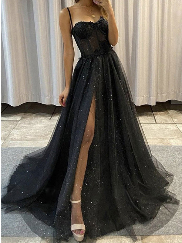 Elegant Black Spaghetti Straps A-line Tulle Side Slit Long Prom Dress DaintyBridal Elegant Black Spaghetti Straps A-line Tulle Side Slit Long Prom Dress DaintyBridal