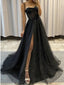 Elegant Black Spaghetti Straps A-line Tulle Side Slit Long Prom Dress Evening Dress, OL720
