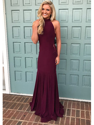 Halter Lace Up Mermaid Sleeveless Floor Length Prom Dress Evening Dress, OL721
