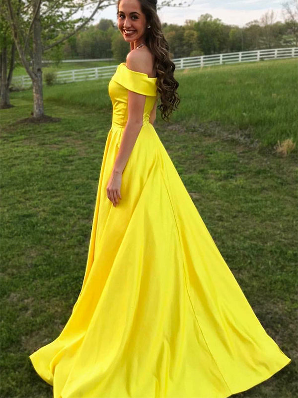 Yellow Off the Shoulder A-line Floor Length Prom Dress Evening Dress, OL723