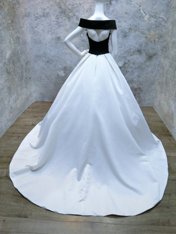 Black White Off the Shoulder A-line Floor Length Prom Dress Evening Dress, OL724