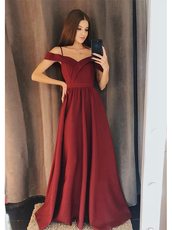 Dark Red Spaghetti Straps Off The Shoulder Prom Dress Evening Dress, OL725