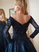 Navy Blue Off the Shoulder Long Sleeves A-line Applique Prom Dress Evening Dress, OL726