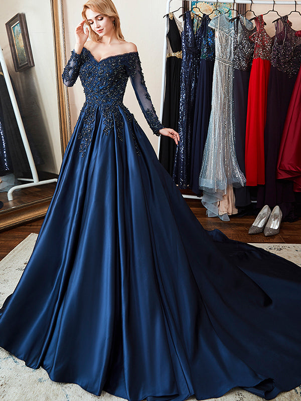Navy Blue Off the Shoulder Long Sleeves A-line Applique Prom Dress Eve DaintyBridal Navy Blue Off the Shoulder Long Sleeves A-line Applique Prom Dress Eve DaintyBridal