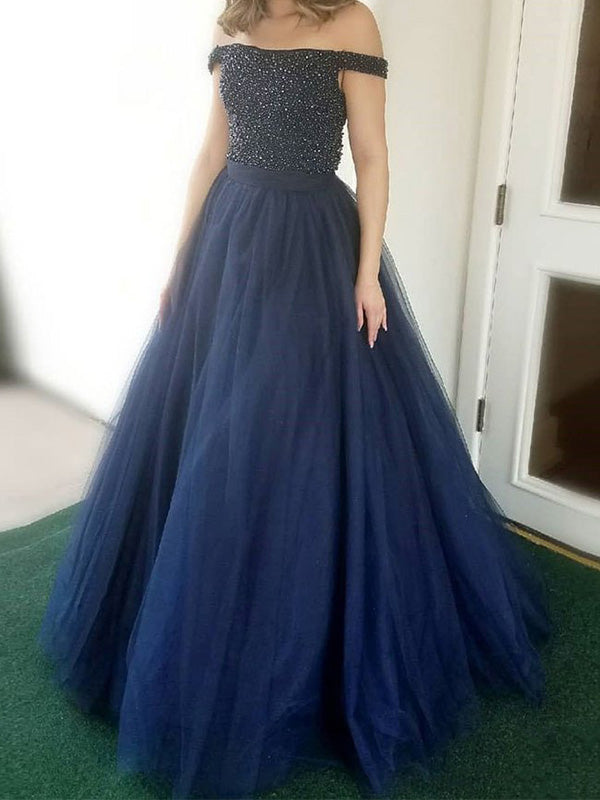 Elegant A-line Off the Shoulder Beading Floor Length Prom Dress Evening Dress, OL734